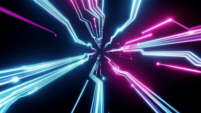 Futuristic digital tunnel of glowing blue and pink lines, resembling data streams or circuit traces, moving towards a central point.