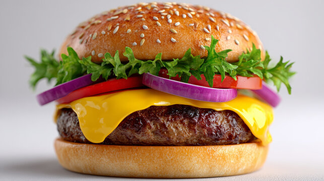 Delicious burger with fresh ingredients sits invitingly. vibrant colors of vegetables and cheese make it look mouth watering