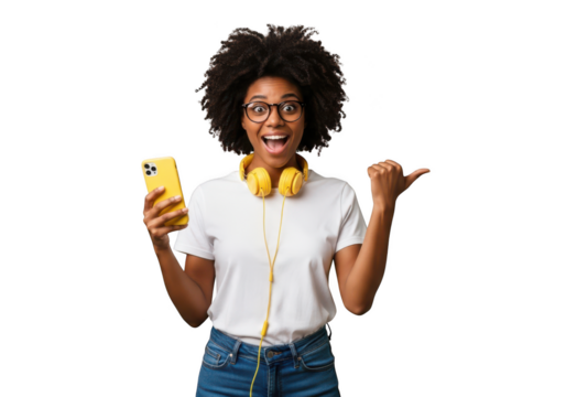 Excited african american woman holding smartphone wearing headphones and glasses pointing isolated on transparent background - Powered by Adobe