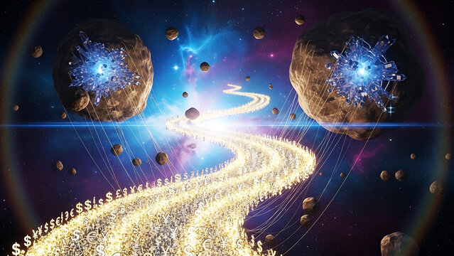 Embark on a cosmic journey towards financial success and prosperity, guided by celestial currencies in a vibrant, dynamic universe of opportunity