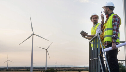 Engineers Inspecting Wind Turbines at Renewable Energy Site
