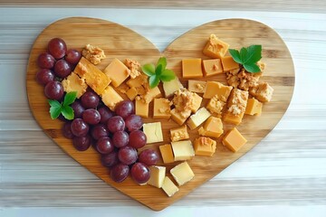 Assorted cheese cubes and grapes arranged on a heart-shaped wooden board.