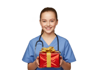 Smiling young female doctor nurse holding red gift box with gold ribbon presenting holiday cheer, isolated on transparent background
