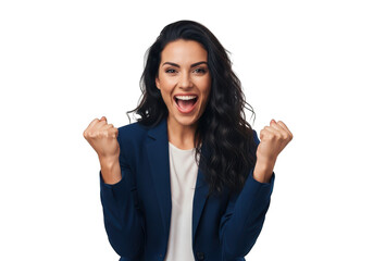 Excited business woman celebrating success with fists raised in joyful expression, cheering and winning, isolated on transparent background