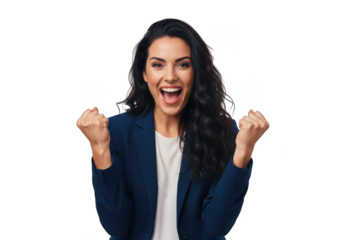Excited business woman celebrating success with fists raised in joyful expression, cheering and winning, isolated on transparent background