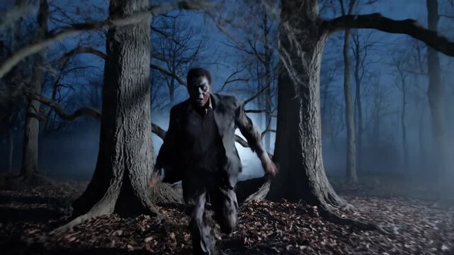 Zombie Runs Through Spooky Dark Woods During the Night