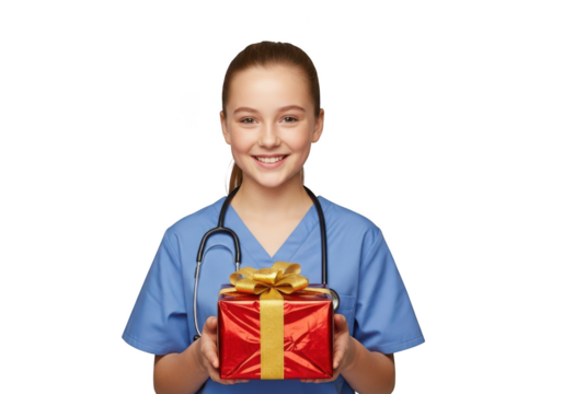 Smiling young female doctor nurse holding red gift box with gold ribbon presenting holiday cheer, isolated on transparent background