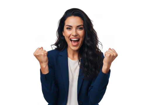 Excited business woman celebrating success with fists raised in joyful expression, cheering and winning, isolated on transparent background