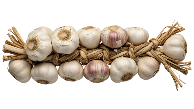 A close up of a braid of garlic bulbs tied together with straw on a black isolated background view
