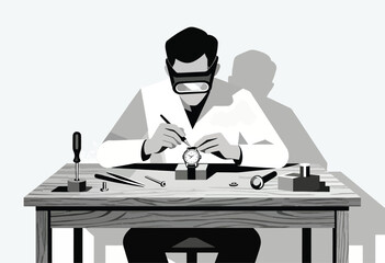 A watchmaker meticulously repairs a timepiece on a wooden table, surrounded by tools, wearing safety glasses
