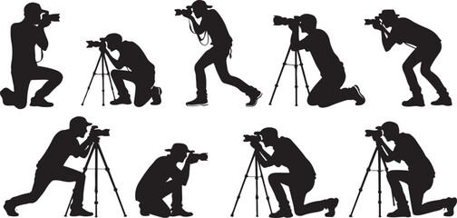 Silhouette of photographers in various poses with cameras and tripods