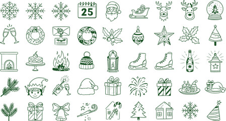 Seamless Pattern Hand Drawn Sketches of Winter Season Elements on Transparent Background with Snowflake, Santa and Gift Icons