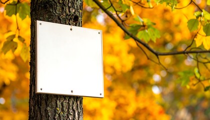 Blank white sign affixed to rough tree bark with golden autumn foliage blurred in the background
