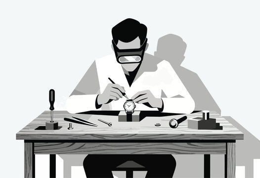 A watchmaker meticulously repairs a timepiece on a wooden table, surrounded by tools, wearing safety glasses