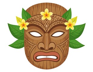 Carved tiki mask with flowers and leaves on white background, with textured wood grain design