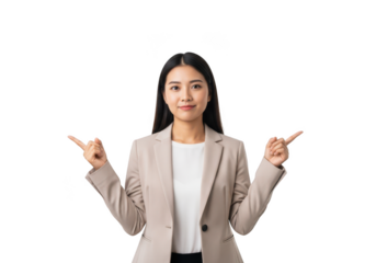 Professional asian businesswoman pointing fingers upwards presentation advertisement isolated on transparent background