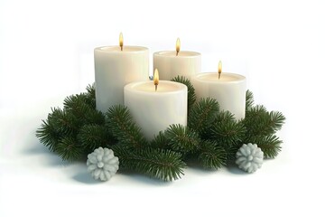 Four white pillar candles placed on a green pine wreath with pinecones, isolated on white background.