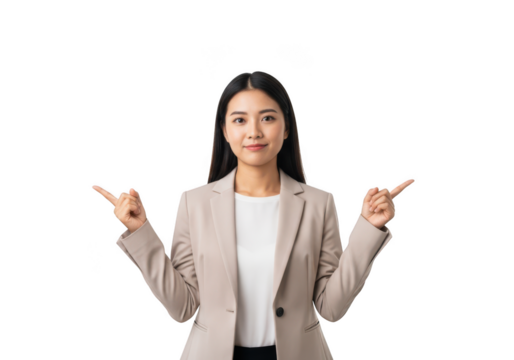 Professional asian businesswoman pointing fingers upwards presentation advertisement isolated on transparent background - Powered by Adobe