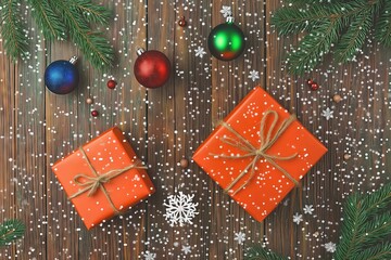 Orange gift boxes with twine ribbon placed on wooden background with snow and ornaments.