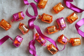 Assorted foil-wrapped candies scattered with purple ribbon on light background.