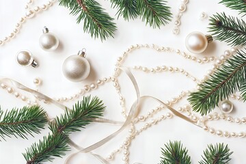 Christmas ornaments, pine branches, pearls, and ribbons arranged on a white background.