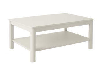 White coffee table with lower shelf on transparent background, modern minimalist furniture for living room interior design