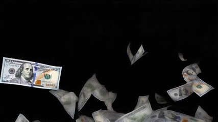 Raining 100 US Dollar Bills Falling Isolated on Black Background. - Powered by Adobe