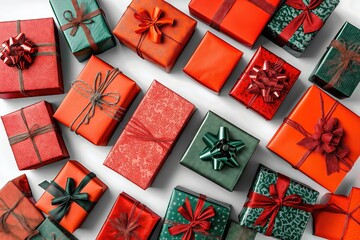 Collection of red and green gift boxes with bows arranged on a flat white surface.