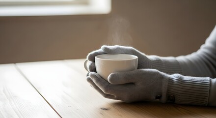 Close up of gloved hands holding a steaming hot tea cup on a wooden table for winter comfort concept and cozy relaxation