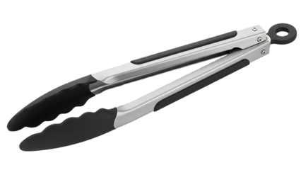 A pair of silver and black kitchen tongs are displayed against a black background in a studio shot