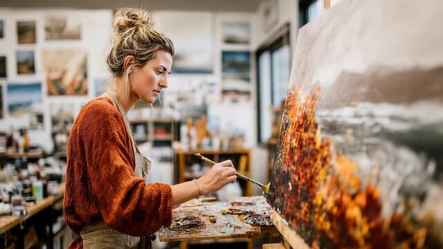 Artist painting canvas in creative studio captured with cinematic atmosphere immersive detail and engaging mood creating a compelling visual narrative perfect for marketing creative campaign