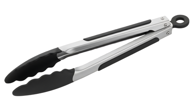 A pair of silver and black kitchen tongs are displayed against a black background in a studio shot