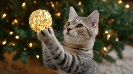 Fototapeta premium Cute gray tabby cat reaching for a decorative light ball while playing near a beautifully adorned Christmas tree in a cozy indoor setting