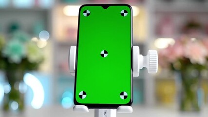 Smartphone with green screen and tracking markers ready for dynamic content insertion and engaging mobile app demos in a bright, modern setting