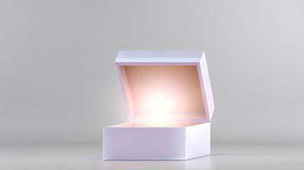 Open white gift box with glowing light inside, showcasing a magical atmosphere of surprise and anticipation for special occasions and celebrations