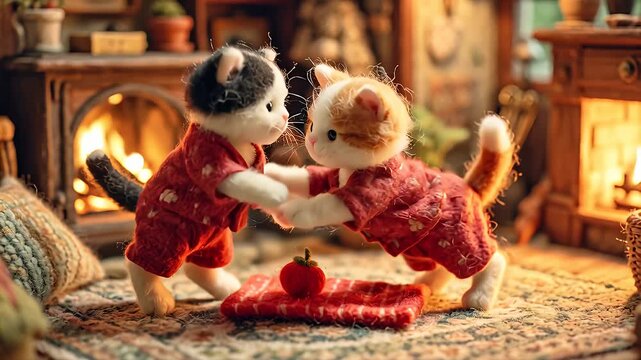 Two toy cats interacting in cozy environment near fireplace