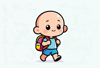 A cheerful cartoon child with a backpack, walking, set against a textured, light background