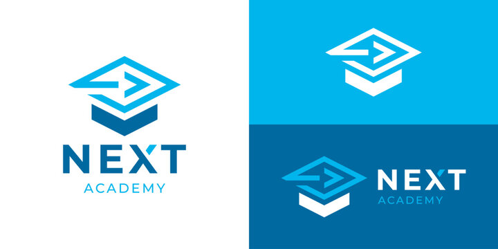 Creative simple next academy logo template. Abstract graduation hat with right arrow or code for Education logo design vector illustration.