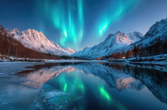 a beautiful northern lights display over snow-covered mountains, with reflections on the water below