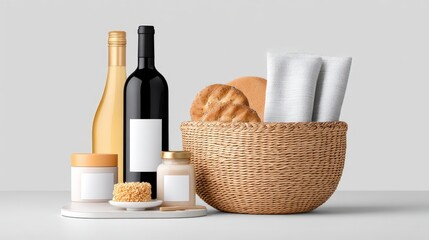 Naklejka premium Elegant display of assorted gourmet food items including wine bottles, jars of spreads, and baked goods in a rustic wicker basket on a simple background
