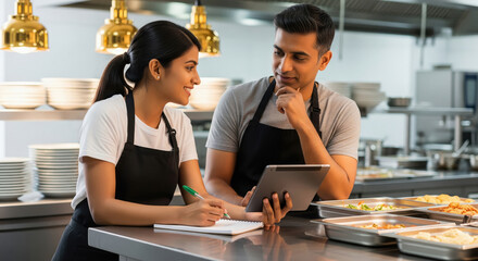 Chefs Collaborating in Professional Kitchen Using Tablet and Notebook