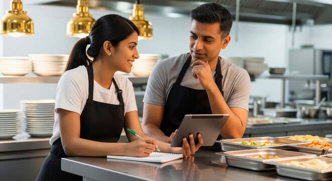 Chefs Collaborating in Professional Kitchen Using Tablet and Notebook