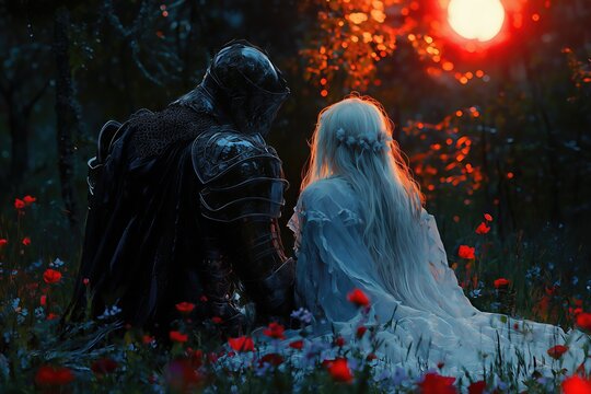 A knight in armor sits beside a woman in a light dress in a field of flowers at sunset.
