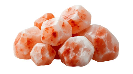 A close up shot showing a pile of himalayan pink salt rocks on a black background in soft lighting