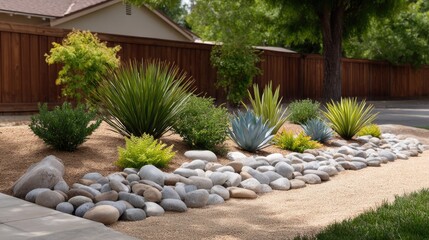 Tranquil Zen Garden with Smooth Stones, Succulent Plants, and Lush Greenery in Bright Natural Light with Wooden Fence Background