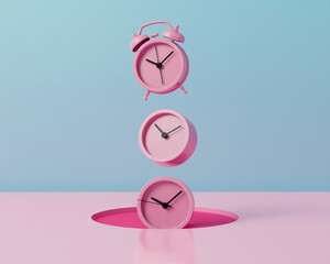 Pink Alarm Clocks Falling Through a Hole in a Pink Surface