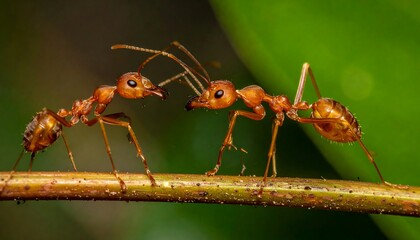 Two red ants face each other atop a thin brown branch, set against a blurry green background