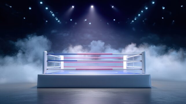 Professional boxing ring illuminated by dramatic lights and smoke, ready for championship match or intense athletic competition event, sports arena scene