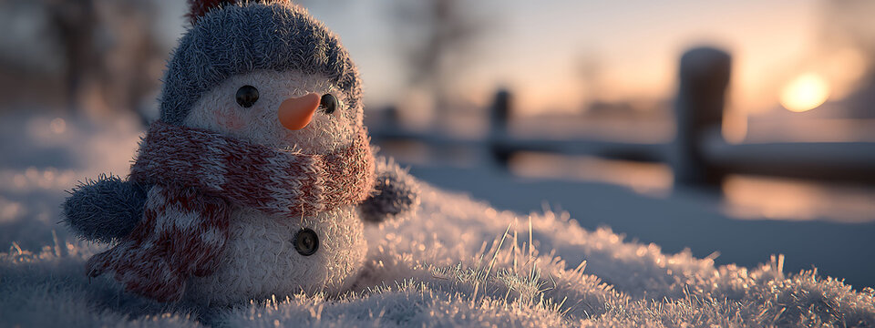 Winter morning with a snowman wearing a scarf, detailed snow crystals sparkling in the sunrise - Powered by Adobe