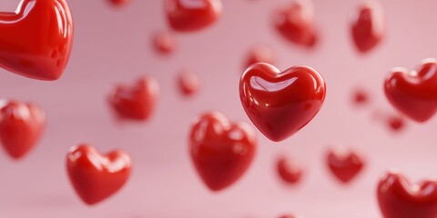 Floating red glossy hearts against a soft pink background, symbolizing love, romance, and valentines day celebration.